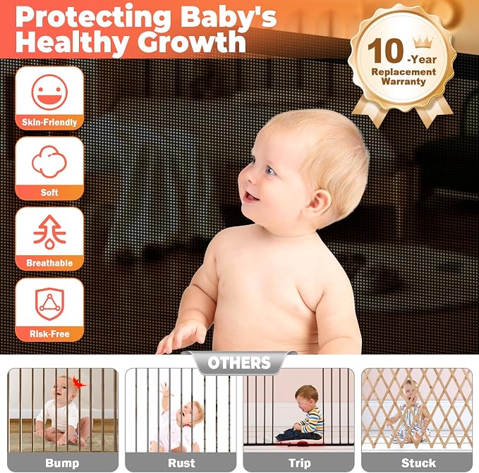 Retractable Baby Gates Dog Gate - 200" Extra Wide Expandable Child Safety Gate, 37" Tall Toddler Pet Mesh Gate with Reinforced Strips for Doorways, Stairs, Hallways, Outdoor & Indoor Large Openings