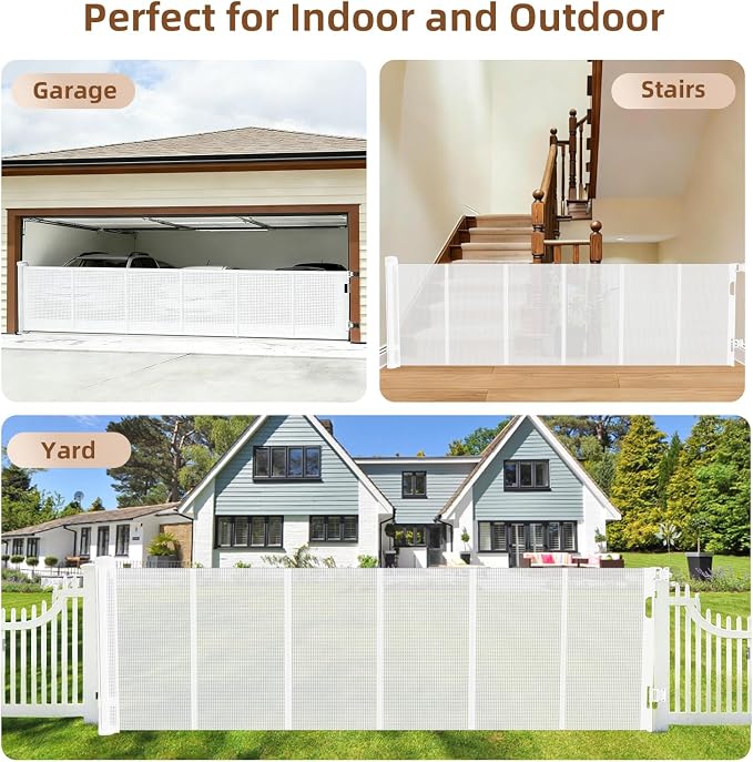 Reinforced Retractable Baby Gate, 118 in Extra Wide x 33 in Tall Mesh Dog Gate with Fiberglass Reinforcement Rods, Hardware Mounted Safety Gate for Doorways, Hallways, Indoor Outdoor, White