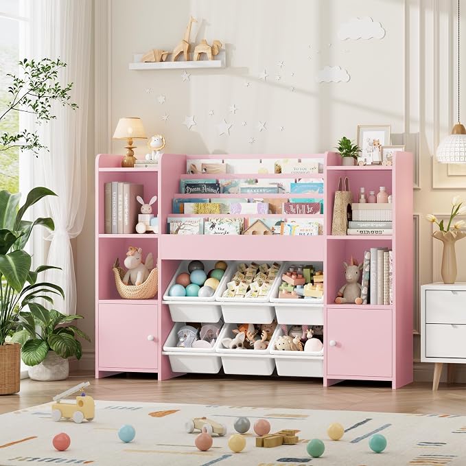 FINETONES Toy Storage Organizer with 6 Toy Bins, Toy Organizer Kids Bookshelf with 6 Cubbies, Toy Organizers and Storage Bins, Playroom Storage and Toy Chest, Pink