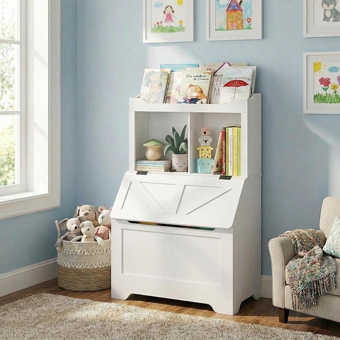 Kids Bookshelf, Toy Storage Organizer with Flip-Top Lid and Cubby, Wood Kids Bookcases Fit for Playroom, Children's Room, Bedroom, Nursery School