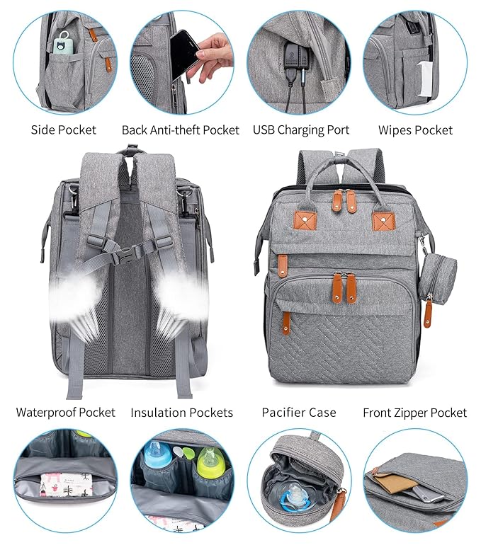 KABAQOO Diaper Bag Backpack with Detachable Changing Station, Large Capacity Baby Diaper Bags for Boys & Girls, Baby Registry Search Stuff & Shower Gifts, Newborn Essentials Must Haves, Grey