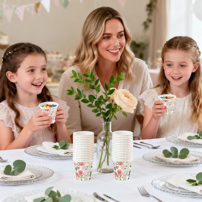 WRAPAHOLIC 3oz Flower Paper Cups - 100 Pack Disposable Bathroom Cups with Pink White Rose Floral Design, Small Mouthwash Cup for Toothbrush Rinse, Home Bathroom, Wedding and Mothers Day