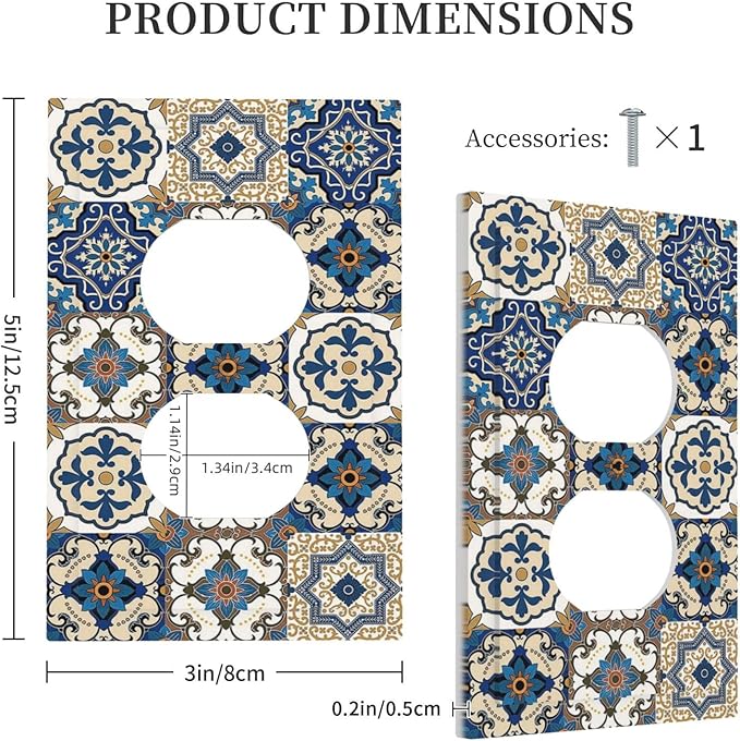 Boho Talavera Decorative Tile Moroccan Mandala Print Outlet Covers 1 Gang Duplex Light Switch Cover Decorative Switch Plates Electrical Receptacle Faceplate Wall Plate for Bathroom Kitchen Decor