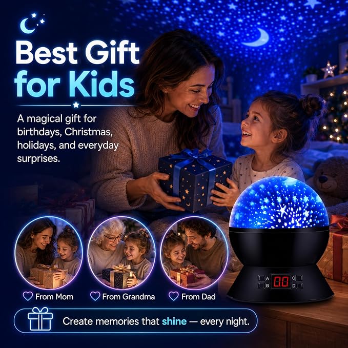 Kids Star Projector Night Light, Star Night Light Projector for Kids, Ceiling Stars Projection Lamp with Timer, 360° Rotating Night Light for Bedroom, Birthday Gift for 3 4 5 Year Old Girls Boys Black