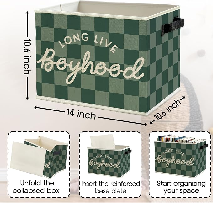Long Live Boyhood Boys Storage Bins Box with Handles, Green Checkered Pattern Collapsible Basket Organizer for Kids Teen Boy Nursery Room Bedroom Bathroom Playroom Toys Books Clothes