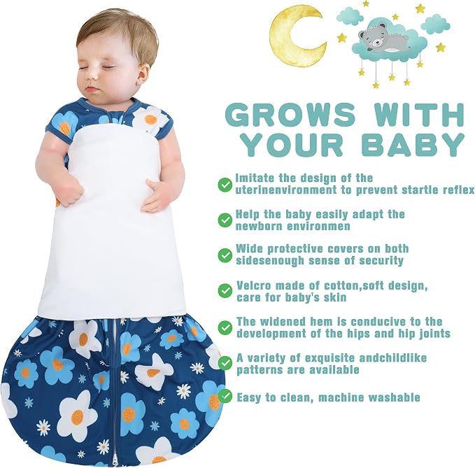 BSTOPPT Newborn Sleep Sack Baby Swaddle,3-Way Adjustable Wearable Blanket,100% Rayon Cotton Swaddling Sleeping Bag，TOG 0.5 (Gerbera & Tulips, 0-3 Months)