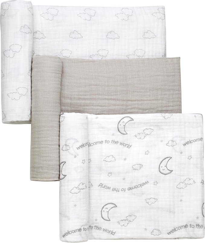 3 Pack Cotton Muslin Swaddle Blankets for Baby, 40" x 36", Lightweight, Breathable, Grey, (Welcome to The World Moon and Stars)