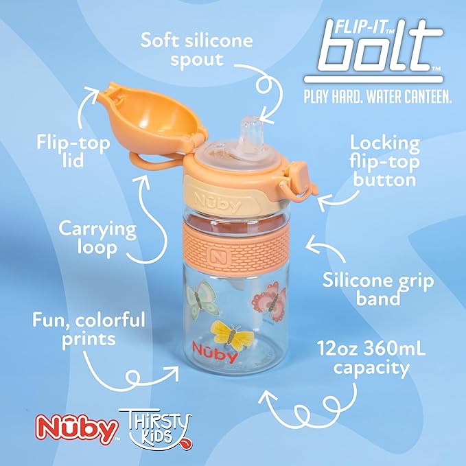 Nuby Thirsty Kids Flip-It Bolt Toddler Cup with Push-Button Locking Flip-Top and Silicone Spout - 12 oz - Easy-Grip and Spill-Resistant - 18+ Months - Butterflies