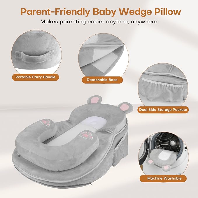 WARMHONIU Baby Feeding Pillow, Anti-Reflux Breastfeeding Infant Lounger & Tummy Time Pillow for Reducing Spit-Up, 25.2" L x 17.7" W, Detachable Cover with Handle & Storage Bag