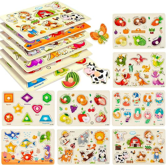 8Pcs Wooden Puzzle for Toddler 1-3, Rectangle Peg Puzzles for Toddler 2-4, Montessori Learning Toys with Animals, Dinosaur, Fruits & More, Preschool Puzzle Set Educational Toys Toddler Gifts