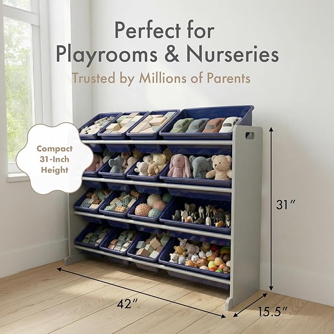 Humble Crew Supersized Toy Storage Organizer with 16 Removable Bins, Grey/Navy ??Large Toy Storage for Toddlers Ideal for Kids' Rooms, Playrooms, and Nurseries - Modern Toy Bins for Kids
