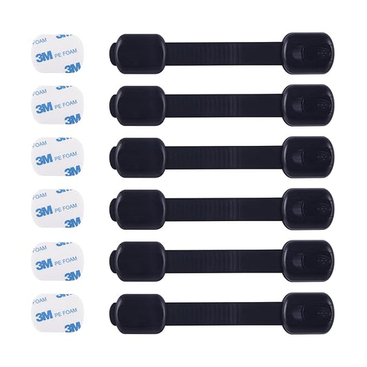 Child Safety Cabinet Locks (6 Pack) – Adjustable Baby Proofing Strap Latches with Strong 3M Adhesive – No Drill Childproof Locks for Drawers, Cabinets, Fridge, Door, Closet, Black