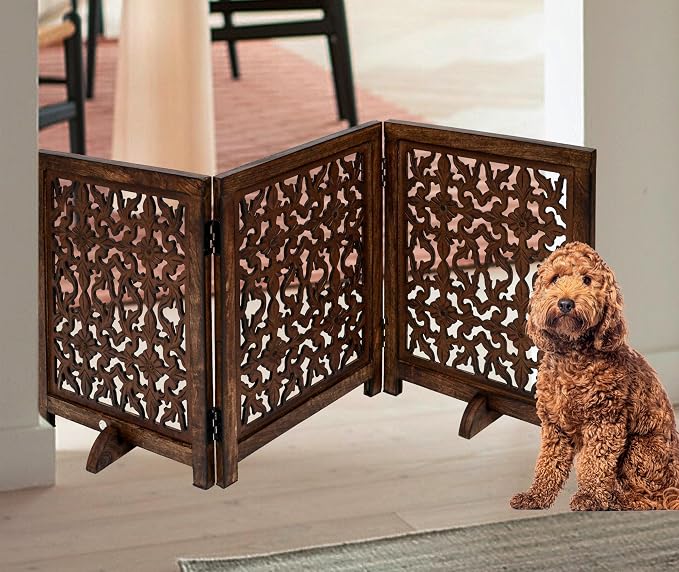 Freestanding Pet Gate for Dogs, Foldable Wooden Dog Gate for House, Indoor Dog Gate for Stair, Doorway, Flower Design Gates for Dogs Indoor, 54 Inch Wide, (18" x3 Panels =54 inch), Burnt Finish