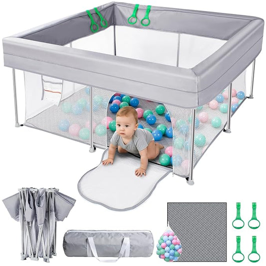 Foldable Baby Playpen with Mat, 50"×50" Collapsible Play Yard for Babies and Toddlers, No Assembly Required, Kids Safety Play Area with 4 Handles, 50 Balls and Visible Mesh, Grey