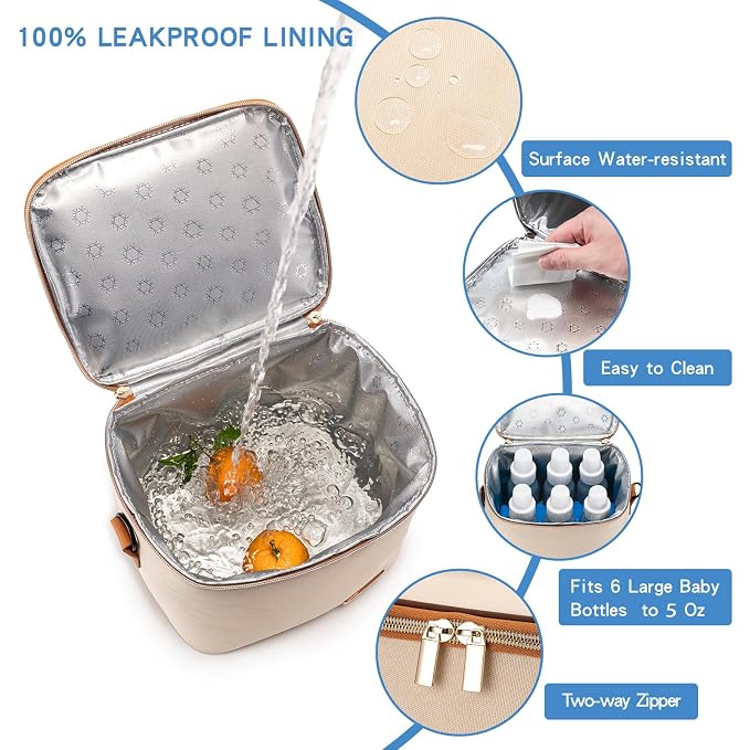 Breastmilk Cooler Bag with Ice Pack Fits 6 Baby Bottles Up to 5 Ounce, Baby Bottle Bag with Shoulder Strap for Nursing Mom Daycare, Cream