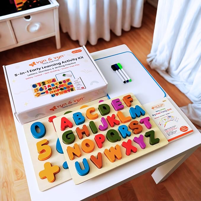 5-in-1 Wooden Puzzles for Toddlers 3-5 | Montessori Alphabet Number Shape Learning Toys | Magnetic Whiteboard, Flashcards & Markers | Preschool Educational Activity Kit | VYN & VYN (Multicolor)