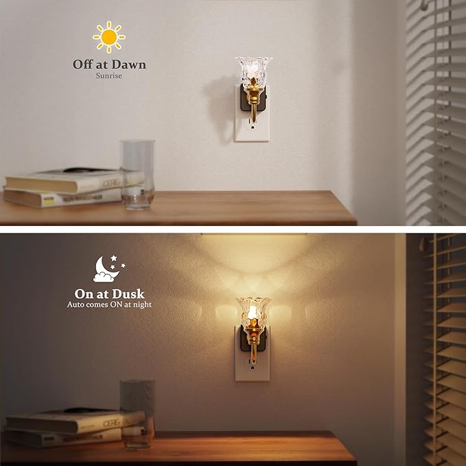 JandCase Night Light, Floral Night Lights Plug into Wall, Glass Flower LED Nightlight, 0-100 LM Dimmable Nightlights with Light Sensor, 1W Vintage Nite Light for Bathroom Hallway Gift Vanity Decor