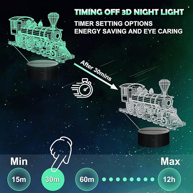 Ammonite Train Night Light, Steam Train 3D Illusion Lamp for Kids, 16 Colors Changing with Remote Control & Timer, Creative Birthday Xmas Gifts for Kids Boys Bedroom Decor