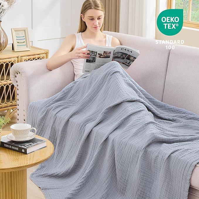 EMME Cotton Muslin Large Throw Blanket Couch Breathable Gauze Blanket Soft Lightweight Bed Blankets Adults (Dusty Blue, 50"x71")