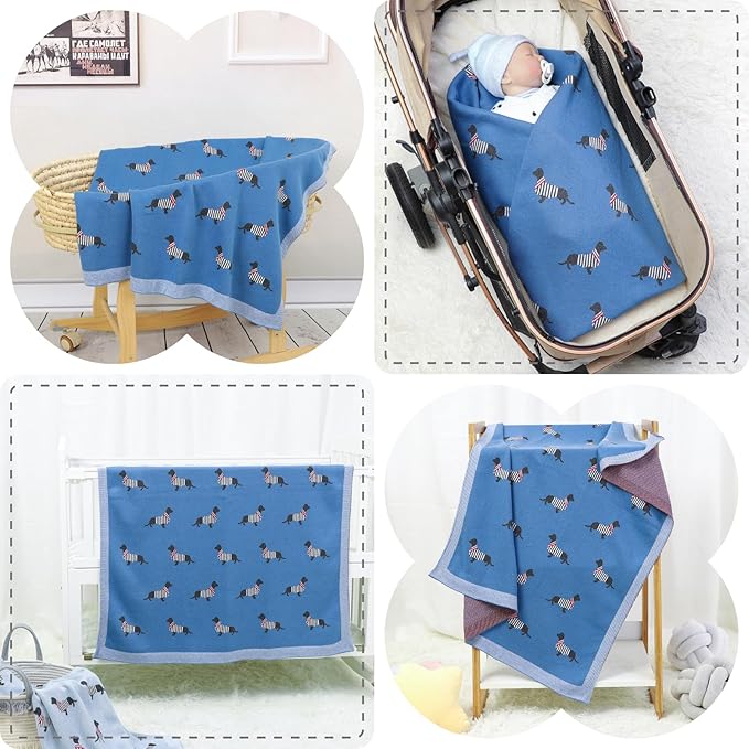 Opewod Baby Blanket Knitted 100% Cotton Soft Blankets for Newborn Boy Girls Cute Dog Dachshund 30x40 inches Jean Blue