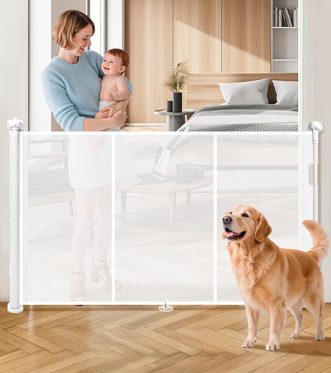 Retractable Baby Gates for Stairs, 78" Wide Retractable Dog Gate Pet Gate, 34" Extra Tall Child Safety Gate Toddler Mesh Gate with Support Rods for Doorways, Hallways, Deck, Porch, Indoor, Outdoor