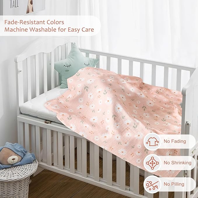 Muslin Swaddle Blankets for Newborn, 4 Pack Large 47"x47" Soft Breathable Bamboo Cotton Baby Blanket, Lightweight Receiving Blanket for Boys and Girls, Spring Bunny Garden