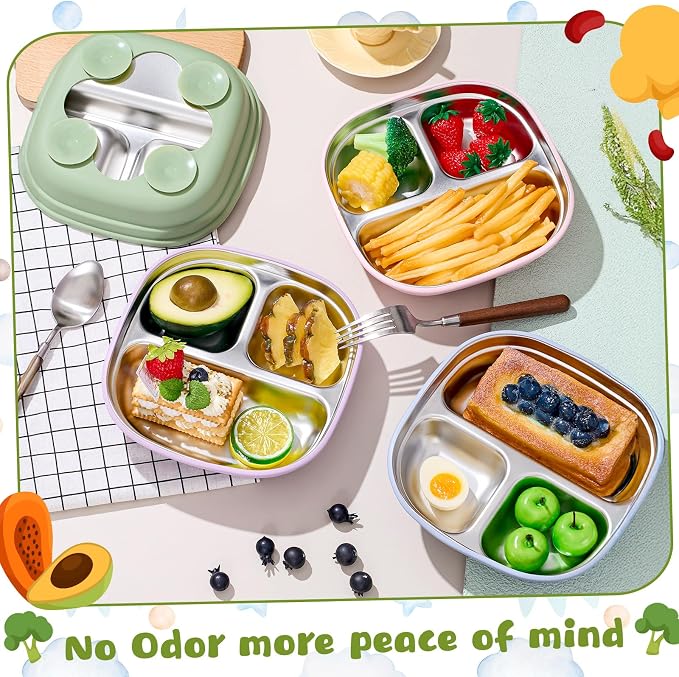Geiserailie Square Stainless Steel Toddler Plates with Suction – 7.68” Divided Plates with Removable BPA-Free Silicone Sleeves, Unbreakable Baby Feeding Dishes Set of 4 (Pink,Green,Purple,Blue)