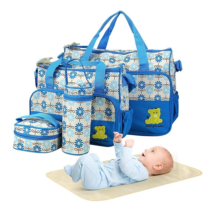 Moclever Diaper Bag Tote Set, 5PCS Baby Bags for Mom and Dad ??Large Maternity Travel Bag with Insulated Bottle Holder, Food Bag & Portable Changing Pad, Waterproof Baby Essentials Organizer (Blue)