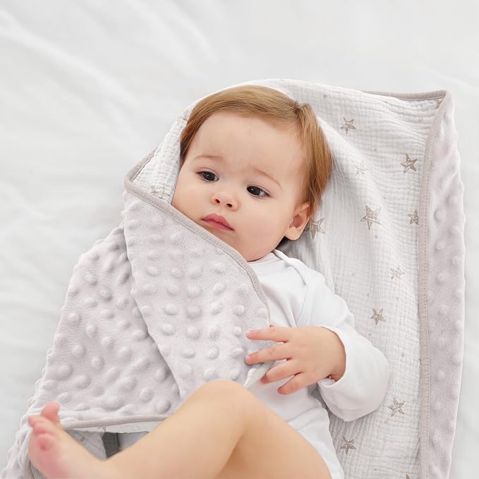 Susurration Baby Blanket for Unisex Boys Girls, 2 Pack Soft Fluffy Crib Blankets with Muslin Cotton Front and Dotted Fleece Back, Receiving Blanket for Baby Newborn Infant, 30x40inch, Beige Star&Grey