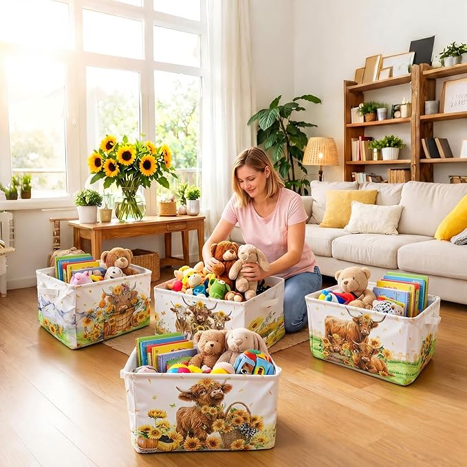 4 Pcs Highland Cow Storage Bin Collapsible Western Cow Themed Fabric Storage Basket with Handle American Country Style Organizer for Home Bathroom Bedrooms Baby Clothes Toys Books