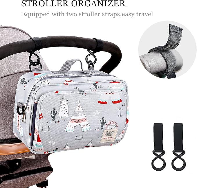 SONARIN Pram Buggy Bag Organiser & Stroller Organiser,Large Stroller Storage with Deep Cup Holder,2 x Pram Hooks,Shoulder Strap Used as Carry-On Handbag,Universal Fit All Buggy Models(Light Grey)