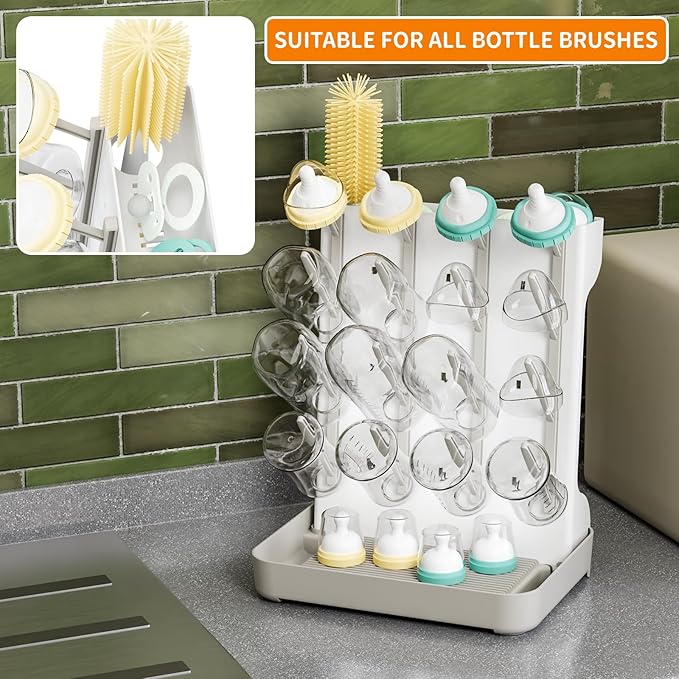 SuoXing Vertical Baby Bottle Drying Rack,Space Saving Countertop Baby Drying Rack for Bottles,Large Baby Bottle Station Stand,Bottle Rack Dryer for Brushes,Pacifiers,Baby Accessories Organizer,Grey