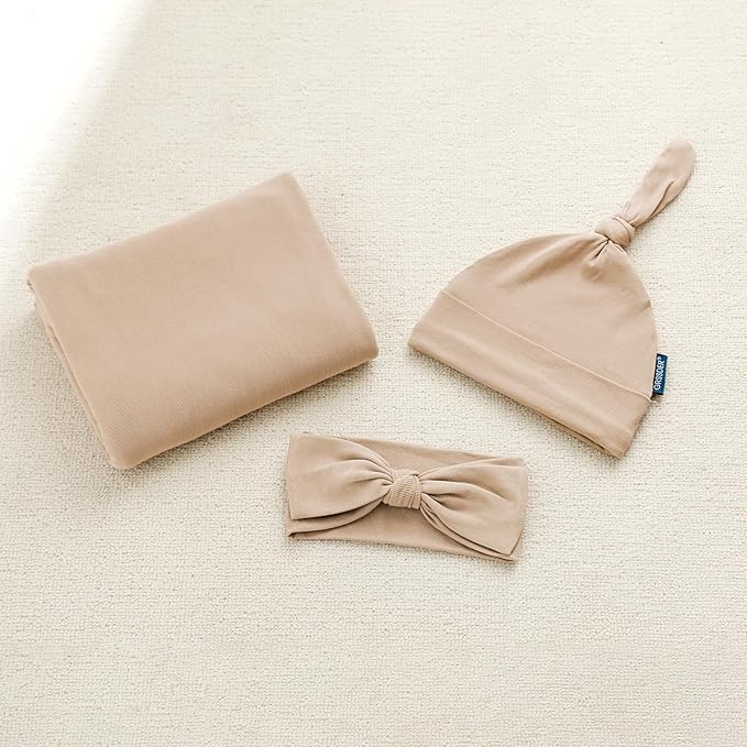 GRSSDER Newborn Swaddle Blanket, Ultra Soft Jersey Receiving Blanket with Matching Headband and Beanie Set 33×44", Stretchy Baby Neutral Swaddle Wrap for Girls and Boys