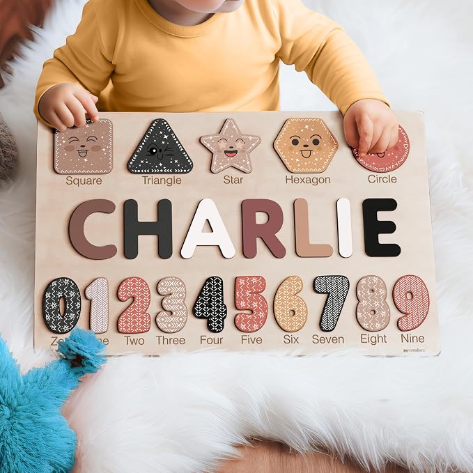 Personalized Wooden Name Puzzle with Numbers & Shapes for Toddlers 1-3 | 11 Color Themes | Montessori Learning Toy, Nursery Keepsake & Perfect 1st Birthday Gift