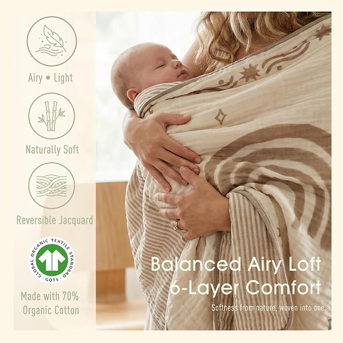 Ultra Soft Muslin Baby Blanket - Made with Organic Cotton, Reversible Rainbow Print & Coffee Striped Jacquard, Swaddle & Crib Quilt, 43x43 Inches (Rainbow Border)