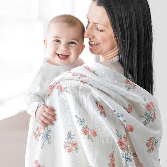 4-Pack Muslin Swaddle Blankets 47x47-100% Cotton Breathable Receiving Blankets for Newborn Baby, Soft Swaddling Wraps, Blossom Bow Garden