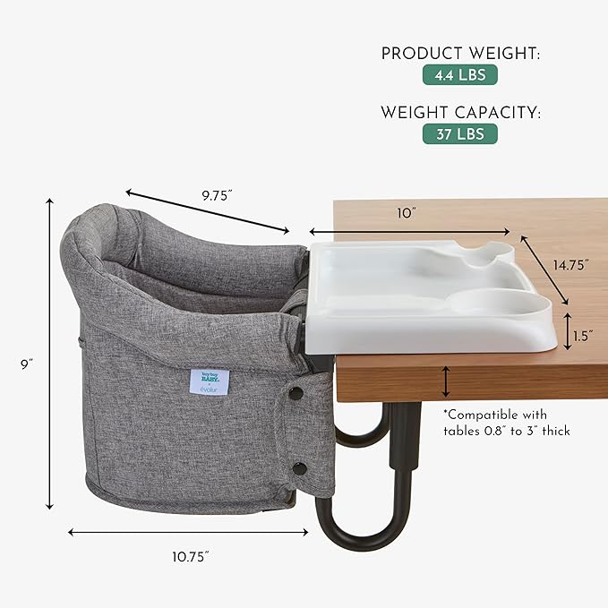 Evolur Clamp-On Comfort Table Chair, Portable Clip-On High Chair for Babies & Toddlers (6??6 Months), Removable Washable Seat Cover, Dishwasher-Safe Tray, Foldable Design with Carry Bag ??Gray