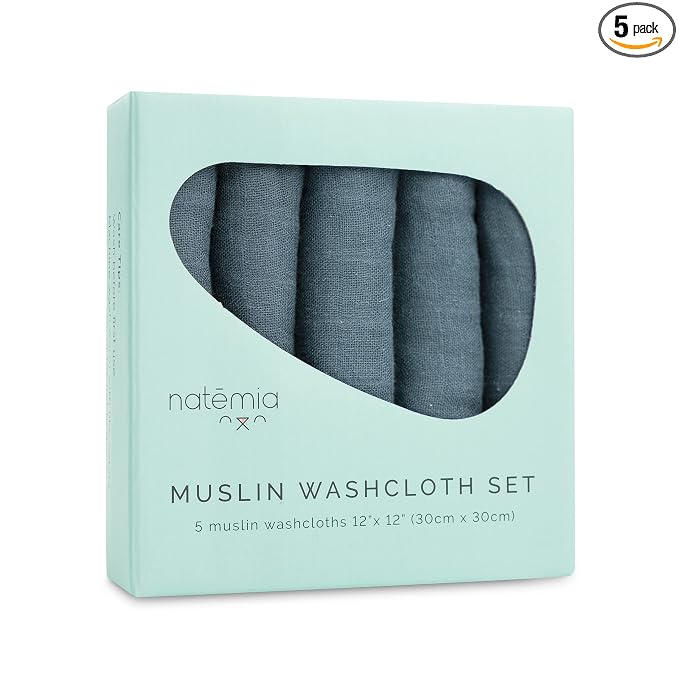 Natemia Muslin Baby Washcloths for Newborn - Premium Wash Cloths for Babies, Super Absorbent and Ultra Soft Rayon Made from Bamboo, 6 Layer Baby Girl and Baby Boy Washcloths, 5 Piece Set