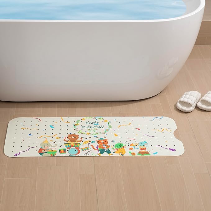YINENN Bath and Shower Safety Mats 40x16 inch, Non Slip with Suction Cups for Bathroom Stall and Tub Floor, Extra Large and Machine Washable, Drain Holes Keep Bathtub Clean, Colored Animals