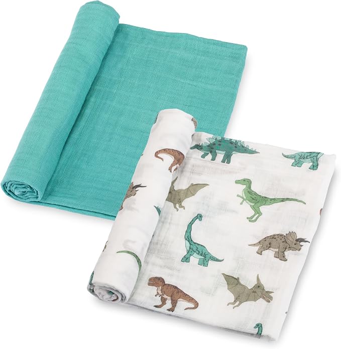 LollyBanks Baby Swaddle Blankets 2 Pack, 100% Cotton Muslin Blankets 47 x 47 Inches, Soft and Breathable Newborn Receiving Blanket for Boys, Cozy Infant Swaddle, Baby Essential (Dinosaur and Blue)