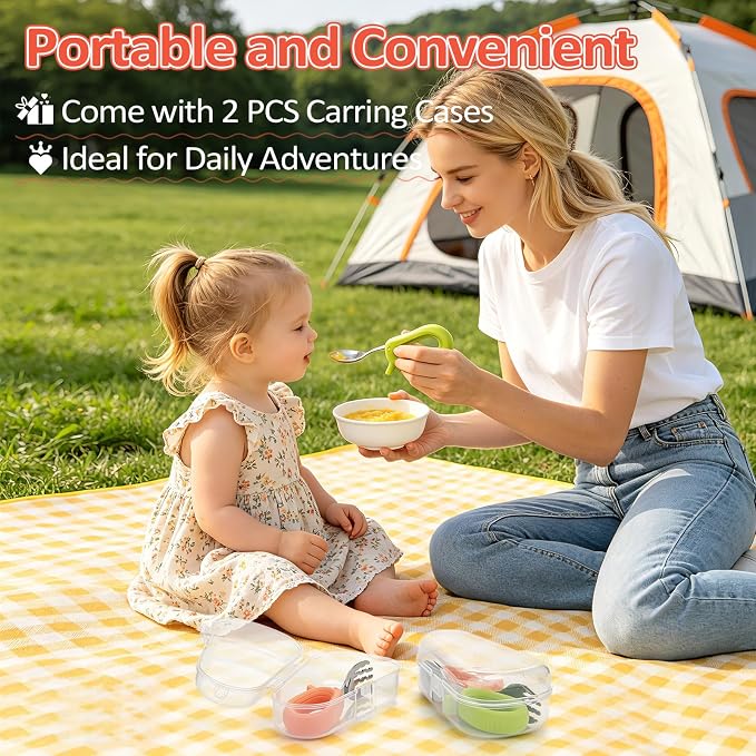 Toddler Utensils Set, 4PCS Stainless Steel Forks & Spoon with Silicone Handle, Self Feeding Training Baby Spoons, BPA-Free Anti-Choke, with 2 PCS Portable Travel Cases, Dishwasher Safe