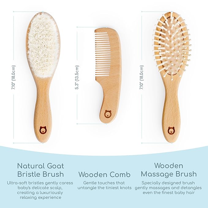 Wooden Hair Brush Set - Premium Baby Comb and Brush - Soft Natural Bristles - Organic Products - Perfect Registry Gift - Cradle Cap Brush for Newborns & Toddlers