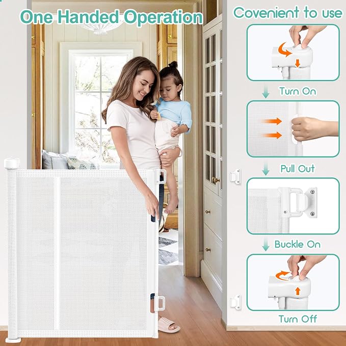 Upgrade 120 inch Retractable Baby Gates, EZIGO Extra Wide Baby Gate for Large Opening Extra Long Mesh Gate for Kids or Pet Dog Gate Child Safety Gate for Stairs Hallways Doorway Indoor Outdoor, White