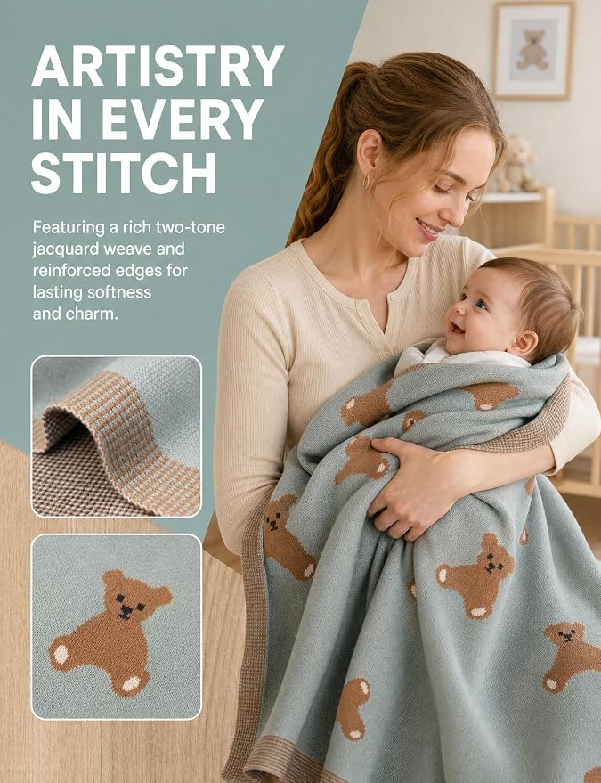 Organic Cotton Baby Blanket - Soft Luxury Knit Receiving Blanket for Newborns & Toddlers, Cozy Breathable Stroller Blanket with Pattern, Unisex, 30x40Inch（Bear-Green）