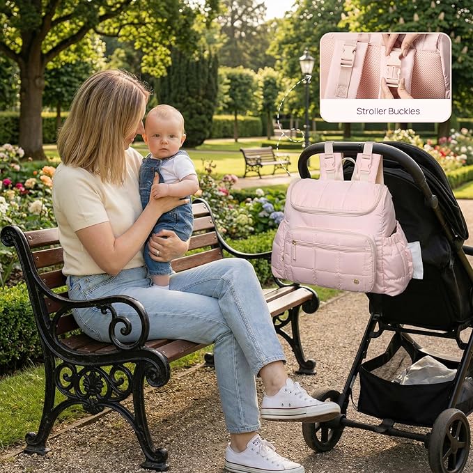 Telena Diaper Bag Backpack, Large Capacity Stylish Baby Bag Backpacks with Bottle insulation Area Changing Mat, Mommy Bag Pink