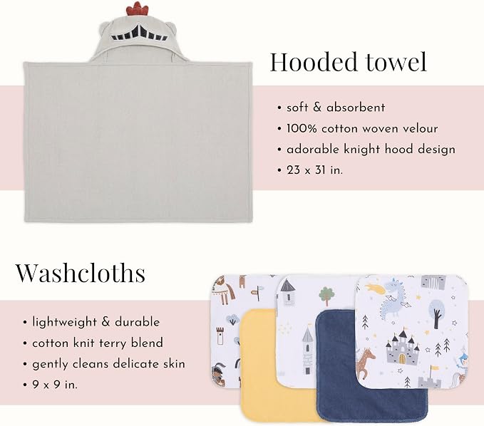 Evolur Good Knight 6 pc Baby Gift Set, Includes Hooded Towel & 5pc Wash Cloths, Soft and 100% Cotton Woven, for Newborn, Infants and Toddlers 0-9 Months