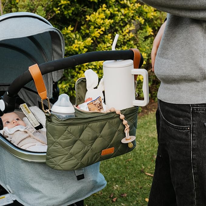 Beautiful Stroller Caddy Organizer With 2 Cup Holders ??Luxury Stroller Bag, Universal Fit, Leather Straps & Zipper Pocket ??Spacious Accessories Perfectly Fits Doona, Nuna & Uppababy Strollers