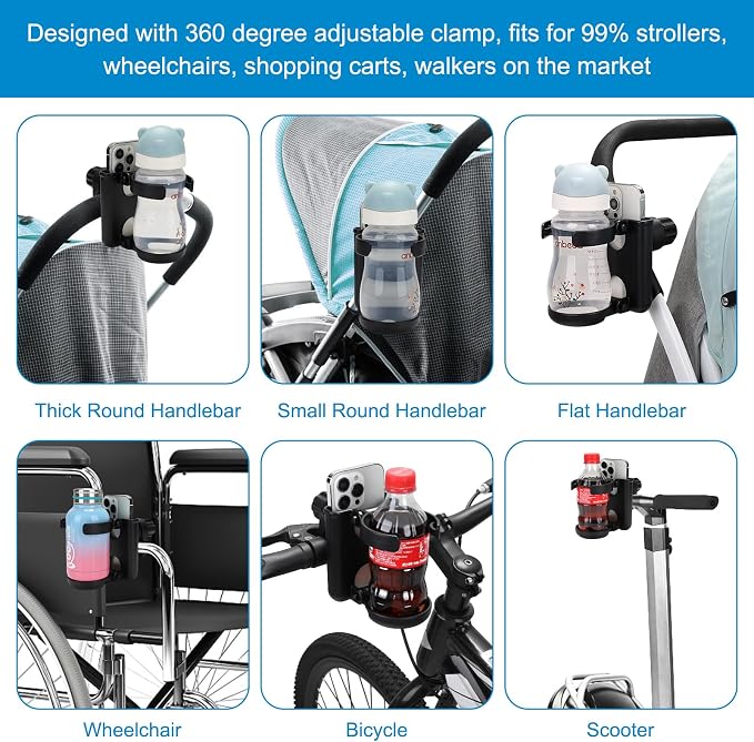 Accmor Stroller Cup Holder with Phone Holder, Foldable Universal Cup Holder, 360 ° Rotatable Bottle Holder for Stroller, Bike, Wheelchair, Walker, Scooter