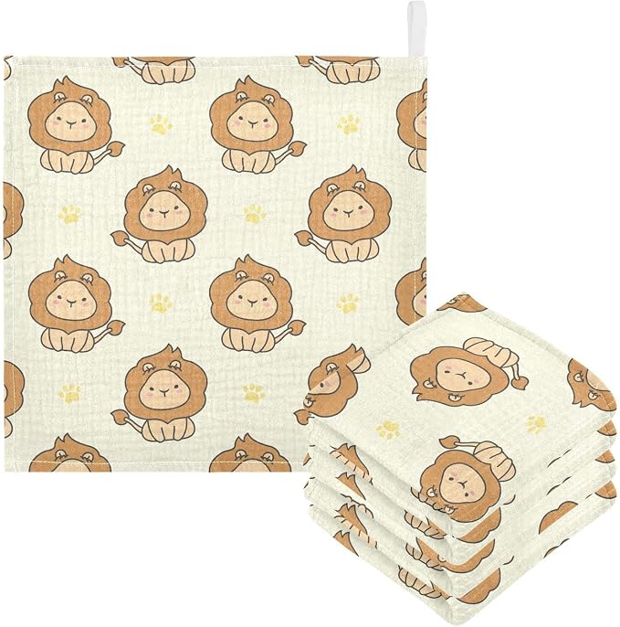 vvfelixl Baby Washcloths Cotton Cute Lion Baby Muslin Washcloths Soft Baby Face Towel for Newborn Infants Baby Wipes, 11.8 X 11.8 Inch, 5 Pack Yellow
