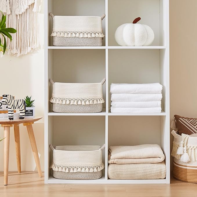 Woven Baskets, 3-Pack Storage Basket for Living Room, Bedroom, Nursery, Stylish Gift Basket with Handles, Cotton Rope Basket for Toys and Shelves, Multi-Purpose Organizer, White/Beige
